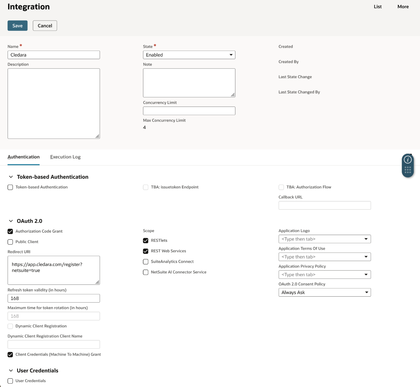 The NetSuite Integration record named Cledara, with the redirect URI filled in and Authorization Code Grant, RESTlets, REST Web Services, and Client Credentials (Machine To Machine) Grant checked
