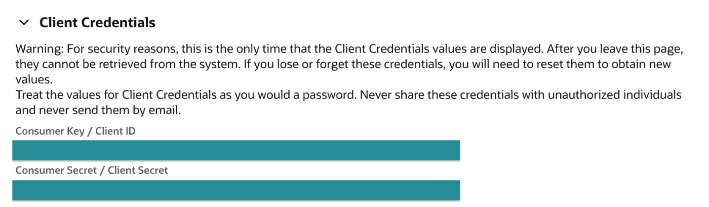 The Client Credentials section of the saved integration record, showing the Consumer Key / Client ID and Consumer Secret / Client Secret fields