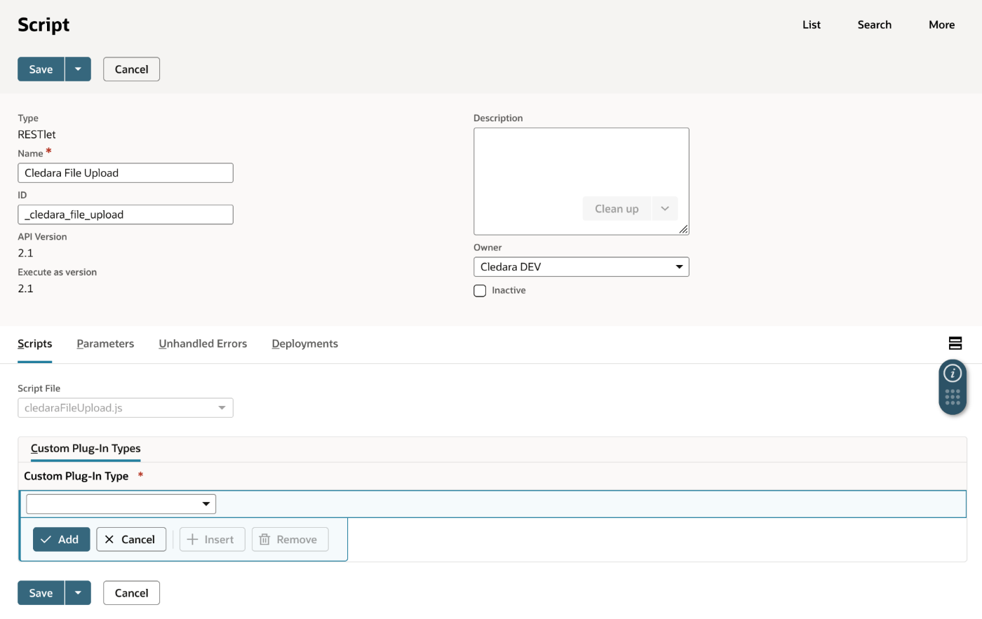 A new NetSuite script record of type RESTlet, named Cledara File Upload, with the ID _cledara_file_upload