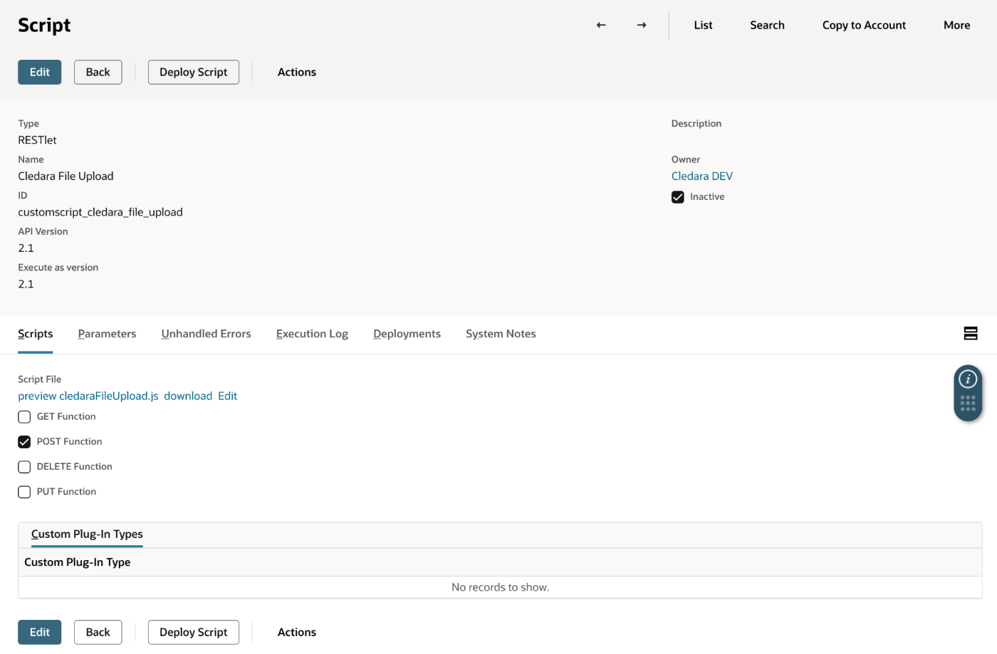 The saved Cledara File Upload script record showing the ID customscript_cledara_file_upload and POST Function checked on the Scripts subtab