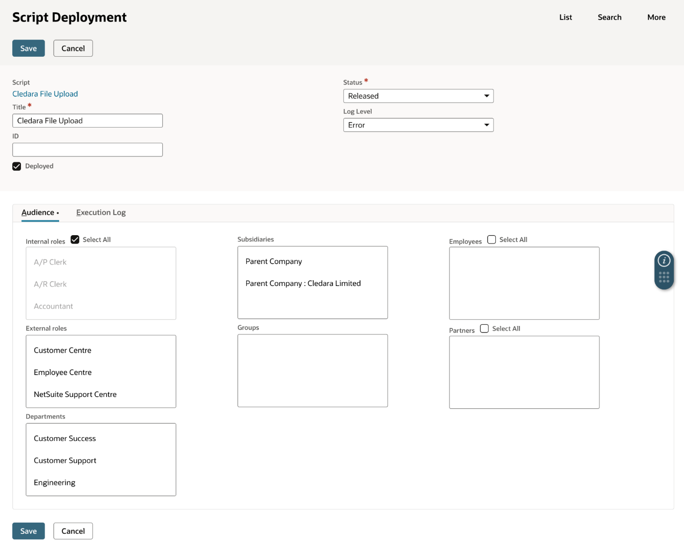 The NetSuite Script Deployment page for Cledara File Upload, with status Released, log level Error, Deployed checked, and Select All checked for internal roles