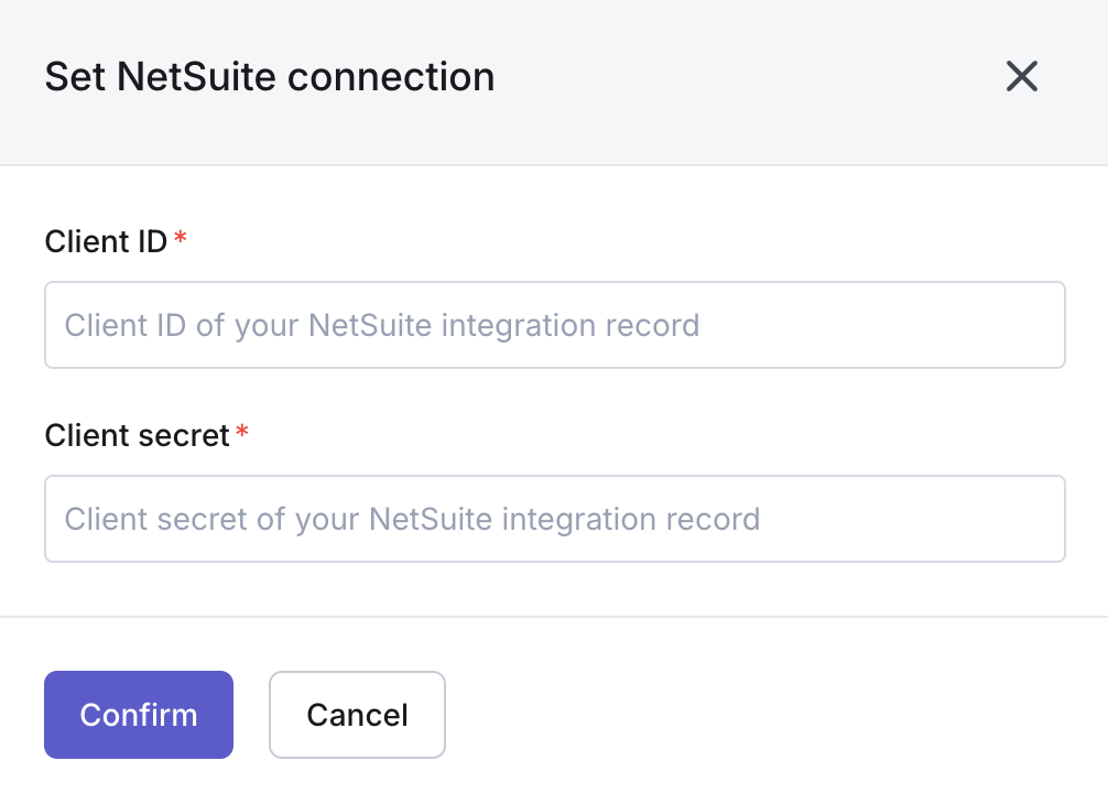 The Set NetSuite connection dialog in Cledara, with Client ID and Client secret fields