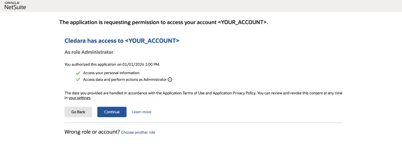 The NetSuite consent page asking for permission for Cledara to access the account as the Administrator role