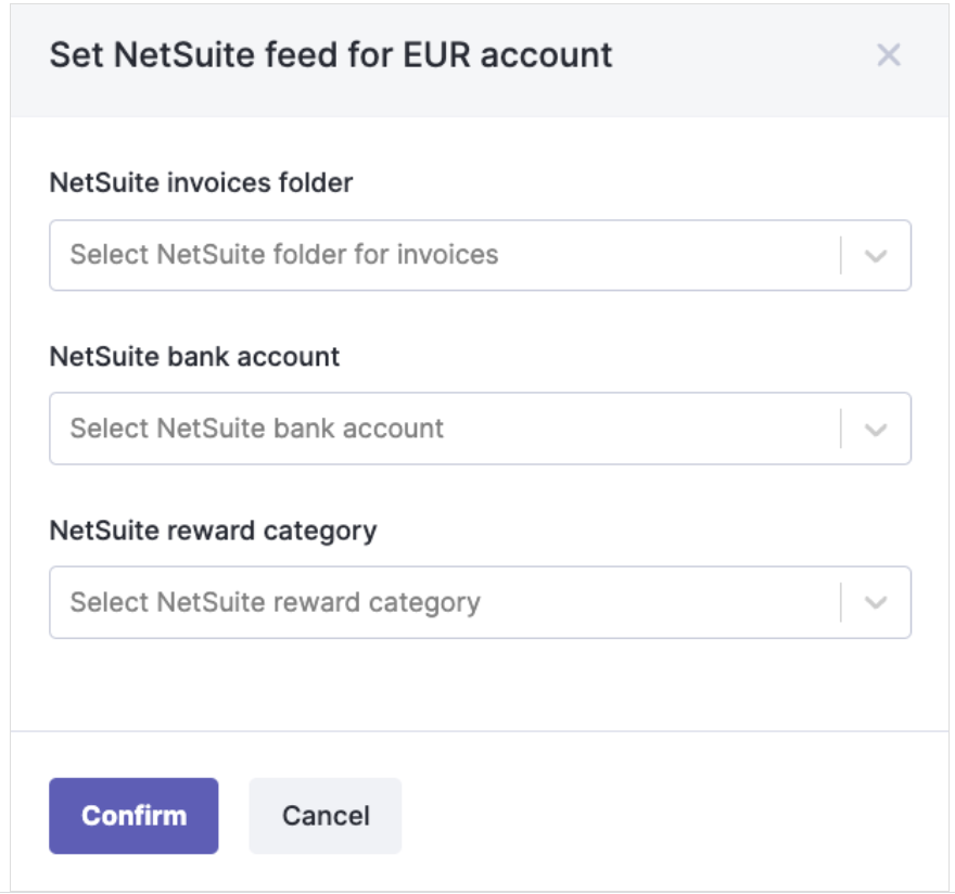 The Set NetSuite feed for EUR account dialog, with NetSuite invoices folder, NetSuite bank account, and NetSuite reward category fields