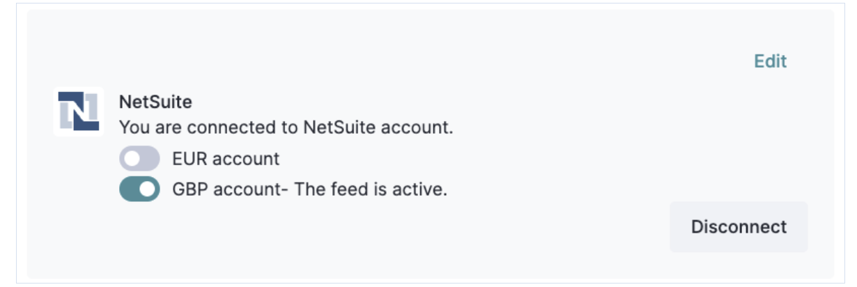 The NetSuite integration in Cledara showing the EUR account toggled off and the GBP account toggled on with the feed active