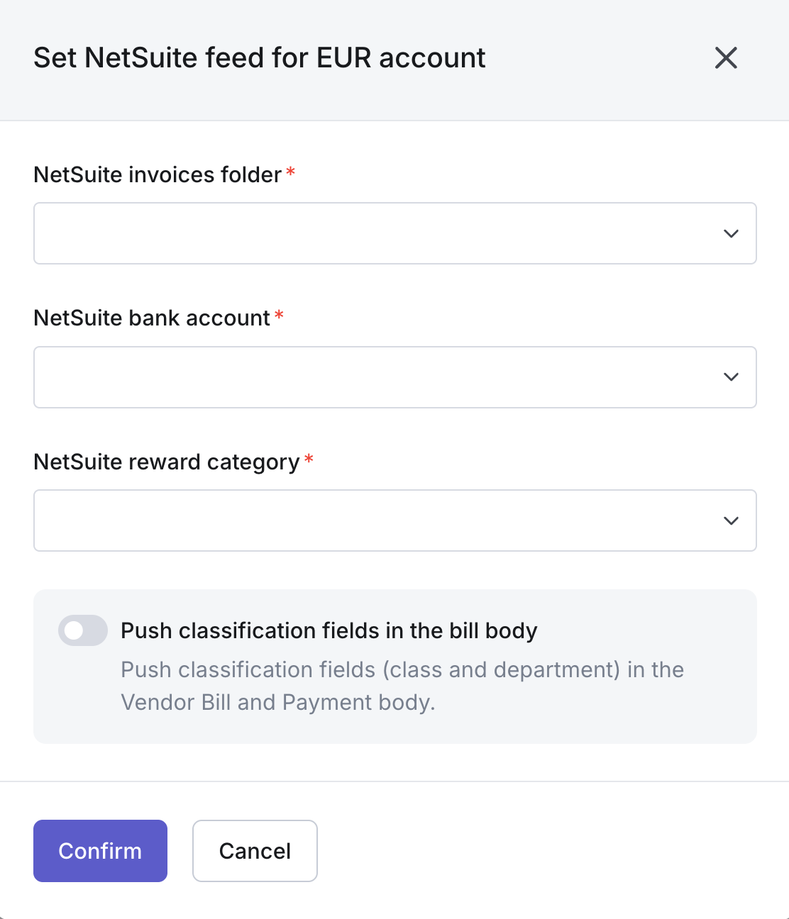 The Set NetSuite feed for EUR account dialog, with NetSuite invoices folder, NetSuite bank account, and NetSuite reward category fields