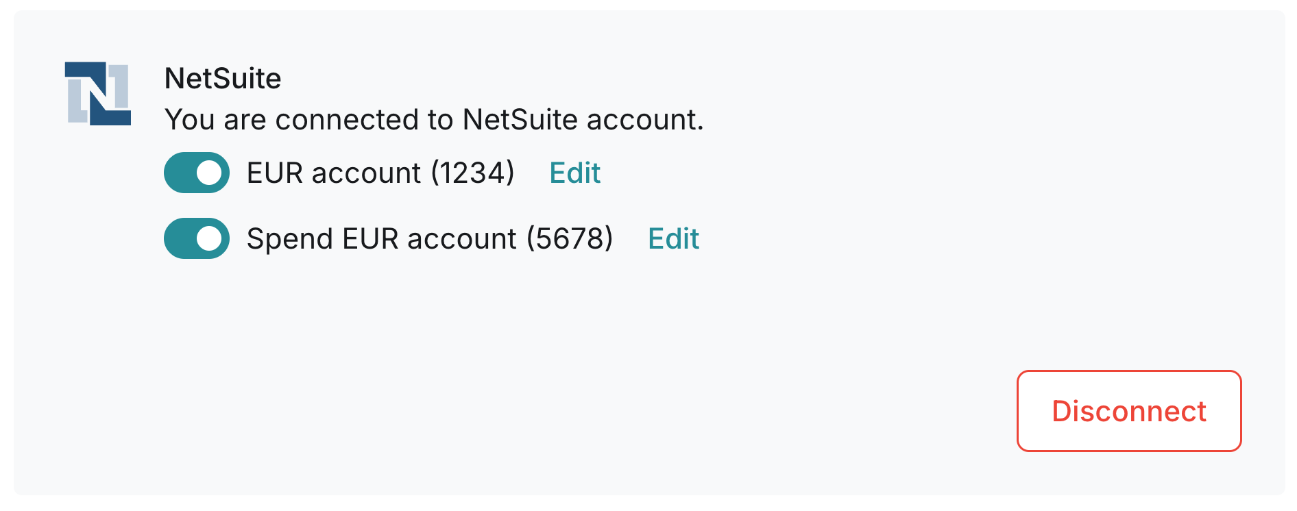The NetSuite integration in Cledara showing the EUR account toggled off and the GBP account toggled on with the feed active
